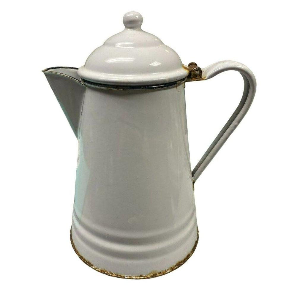 Vintage White Enamel Coffee Pot or Percolator Enamelware, 11" with Hinged Lid